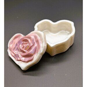 Handmade Iridescent Pink Rose Heart-Shaped Resin Trinket Box NEW